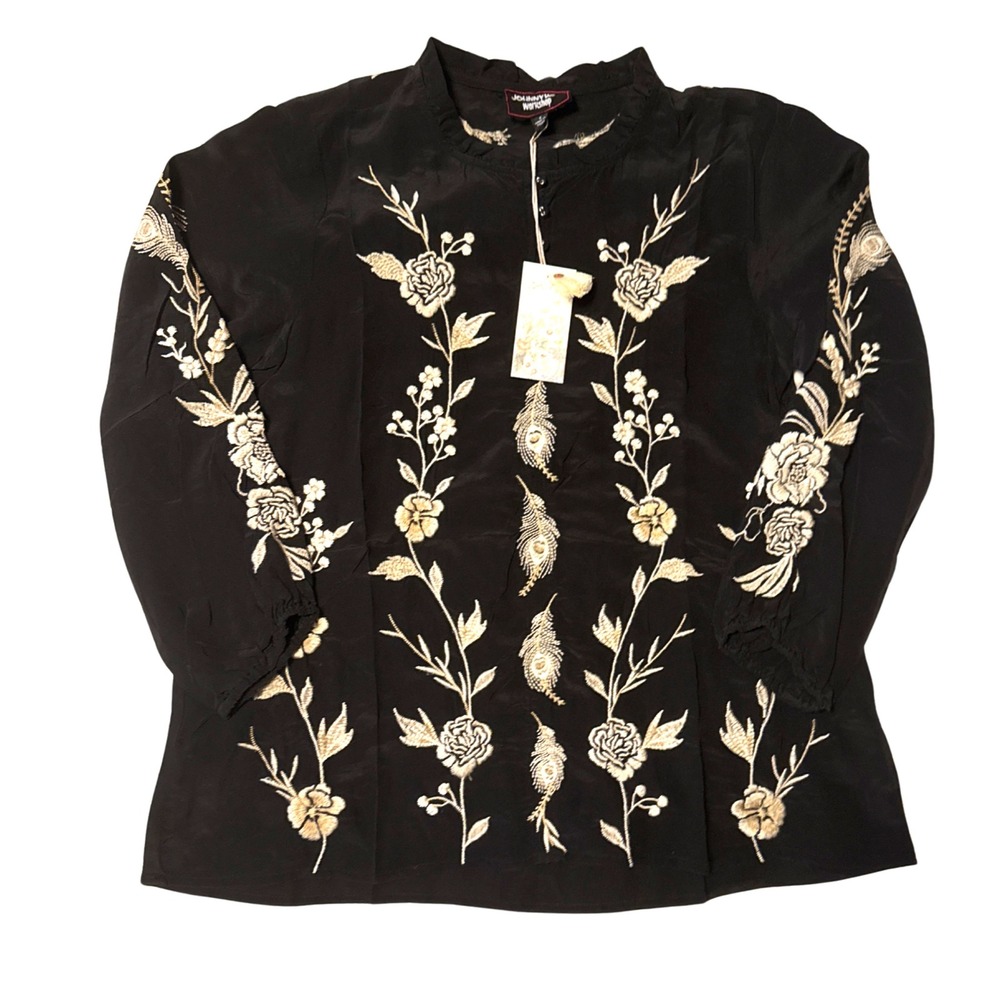 Johnny Was Workshop Calipso Embroidered Peacock Blouse Black Gold W13823-6 Small
